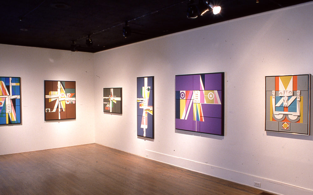 Six canvas paintings on a white gallery wall