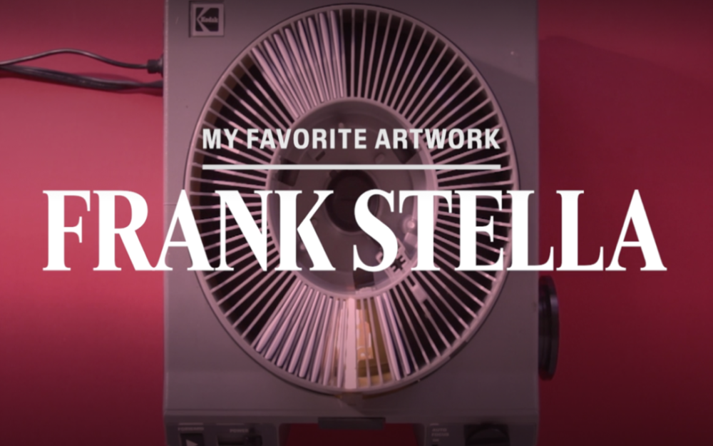 Red background with text reading "My favorite artwork: Frank Stella"