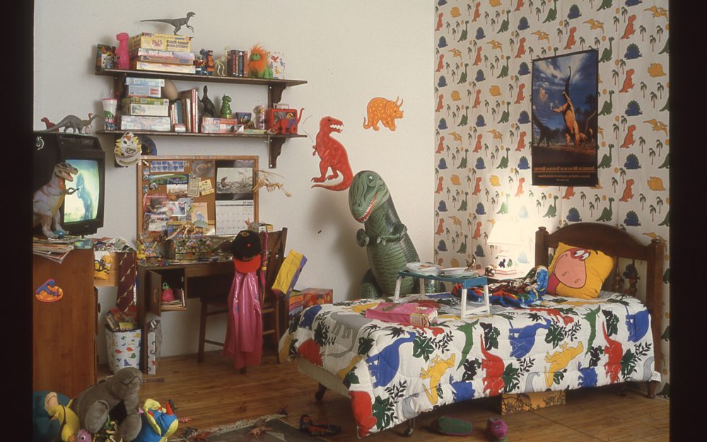 Child's room with dinosaur and other colorful items.