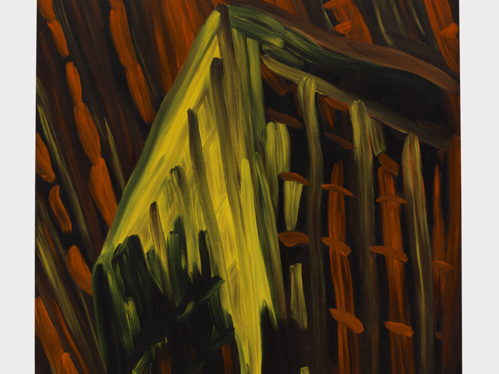 Abstract painting with a reddish background and a yellow hued structure emerging from the bottom right corner.