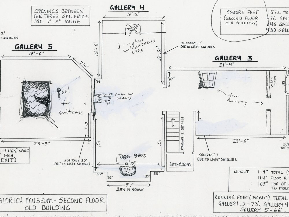 A sketch of the exhibition layout for Robert Gober's exhibition