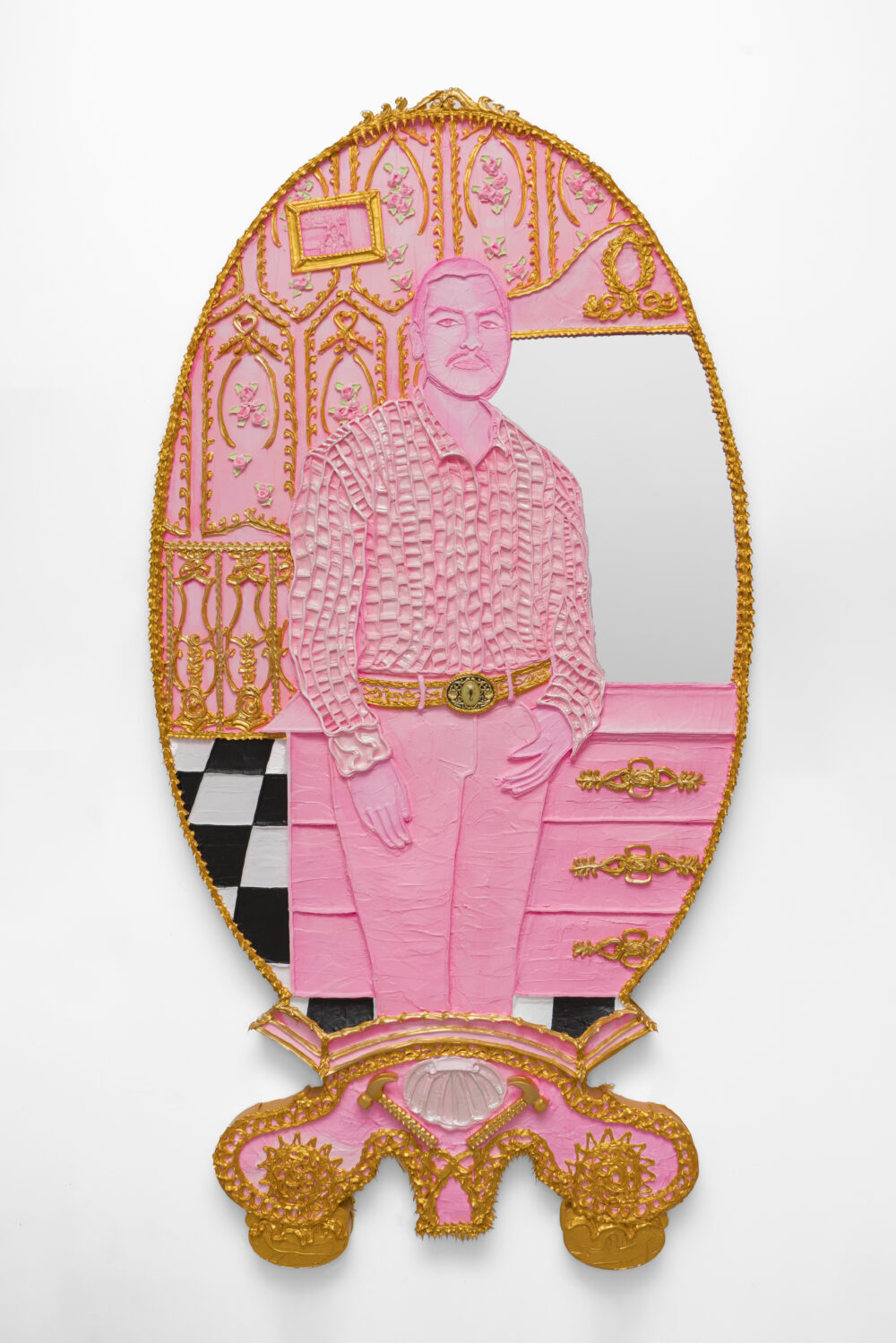 An oval shaped canvas with a monochromatic pink portrait of a man standing with a mirror in the background.