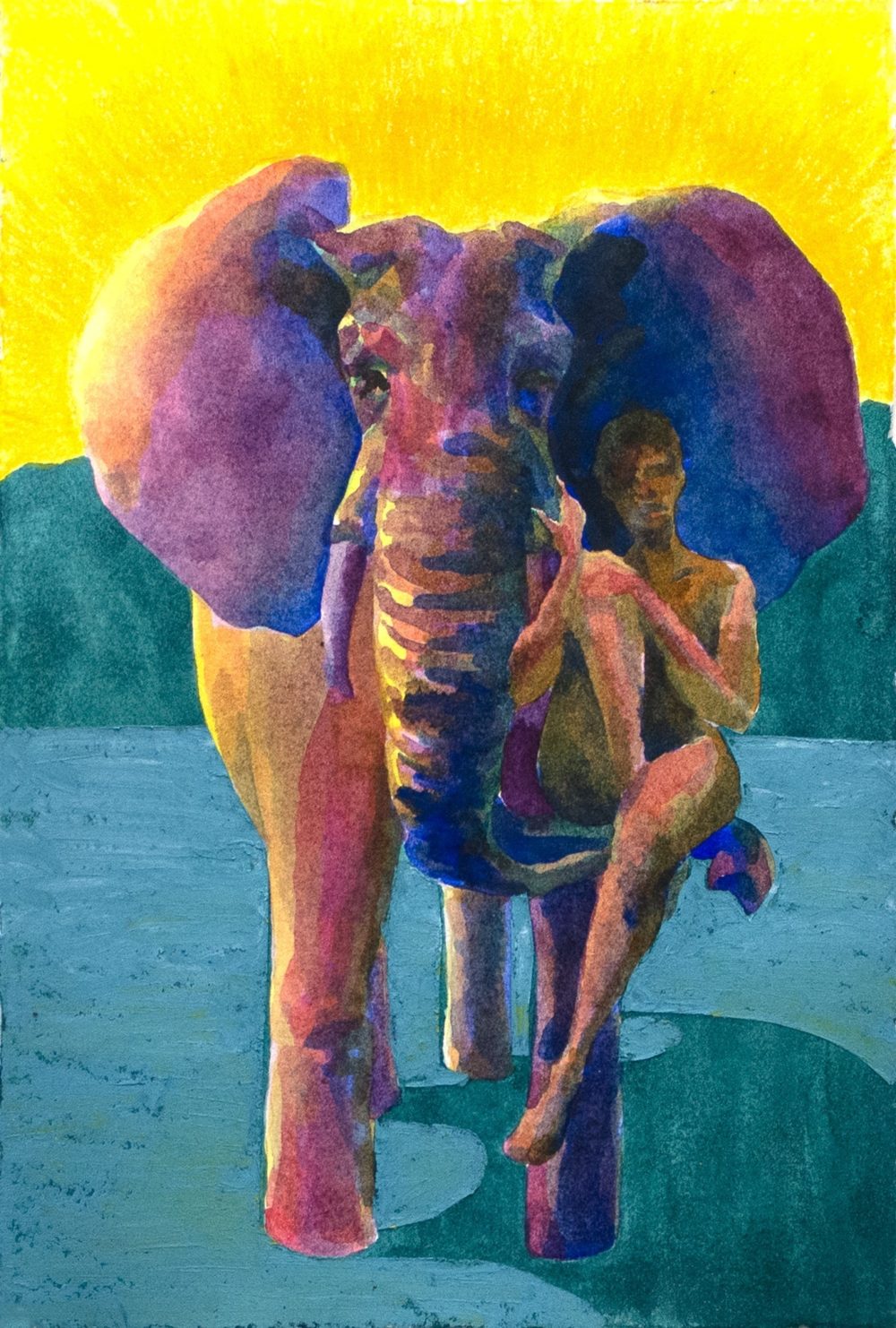 Front view of an elephant with a person sitting in its trunk on the right side of the image.