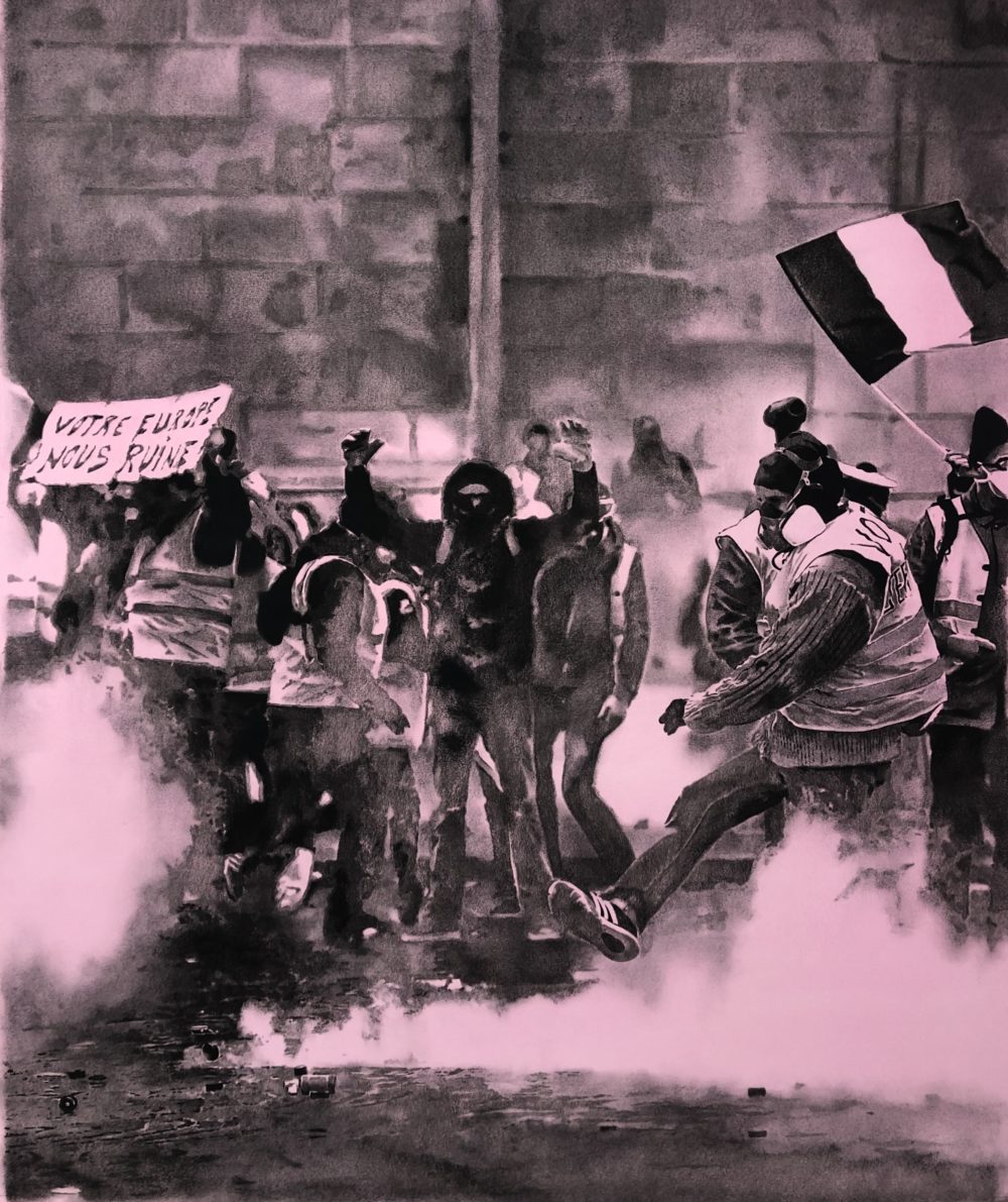 Black and pink drawing of protesters in Paris.