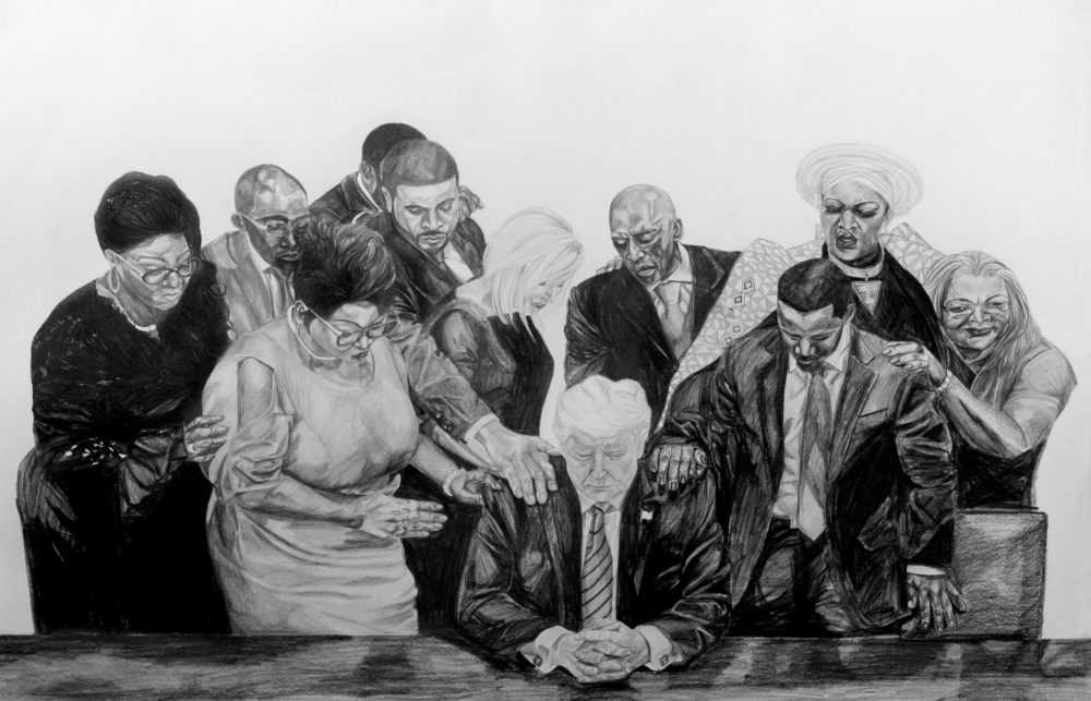 Drawing of faith healers and Donald Trump.