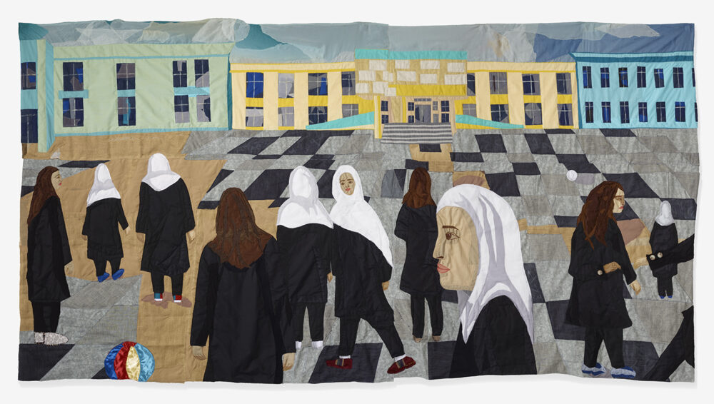 Textile work depicting women standing outside of a school.