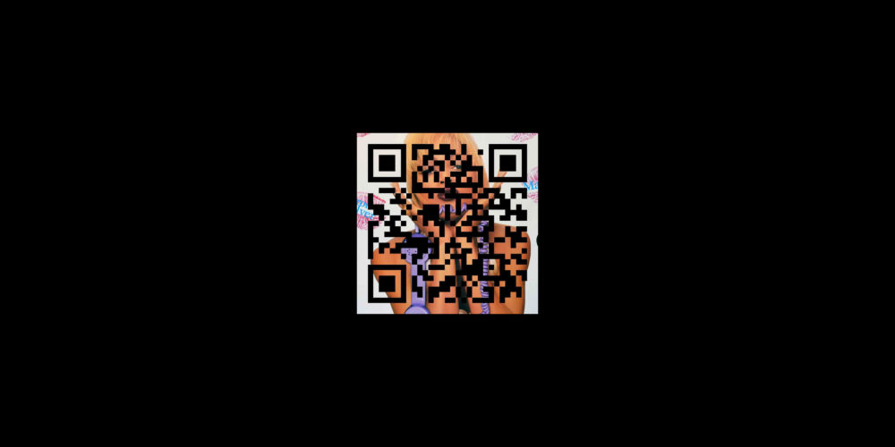 A white QR code over a square image of woman posing with a phone hanging on a cord surrounded by a black background.