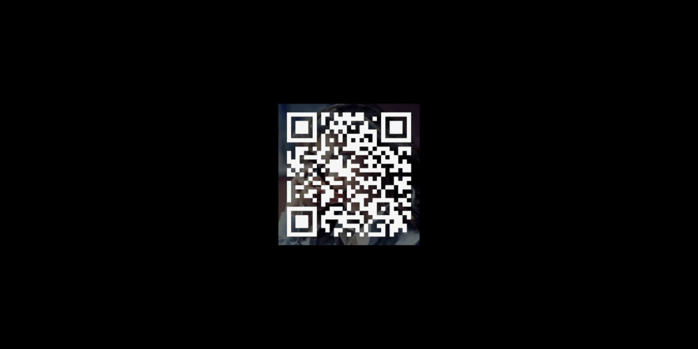 A white QR code over a square image of a woman on the phone surrounded by a black background.