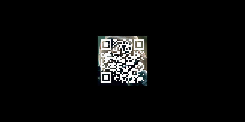 A white QR code over a square image of a man with sunglasses talking on a phone outside surrounded by a black background.