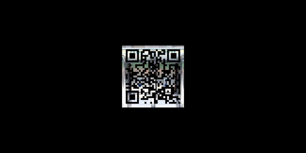 A white QR code over a square image of a telephone booth surrounded by a black background.