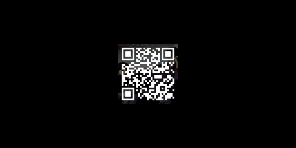 A white QR code over a square image of people in the dark holding landline phones to their ears surrounded by a black background.
