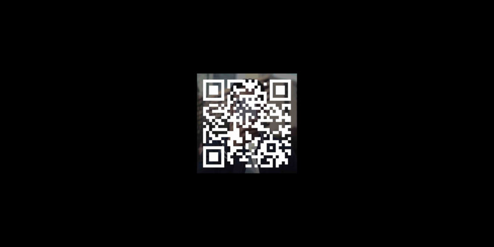 A white QR code over a square image of a person taking a photo with a smartphone surrounded by a black background.