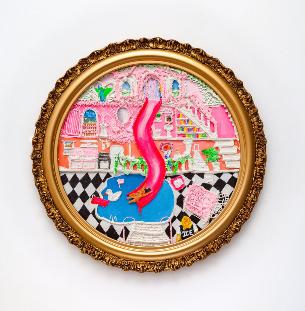 A round canvas depicting a hot pink slide going into a swimming pool.