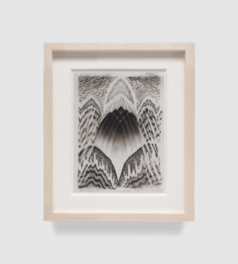 A graphite drawing with a central mountain-like form.