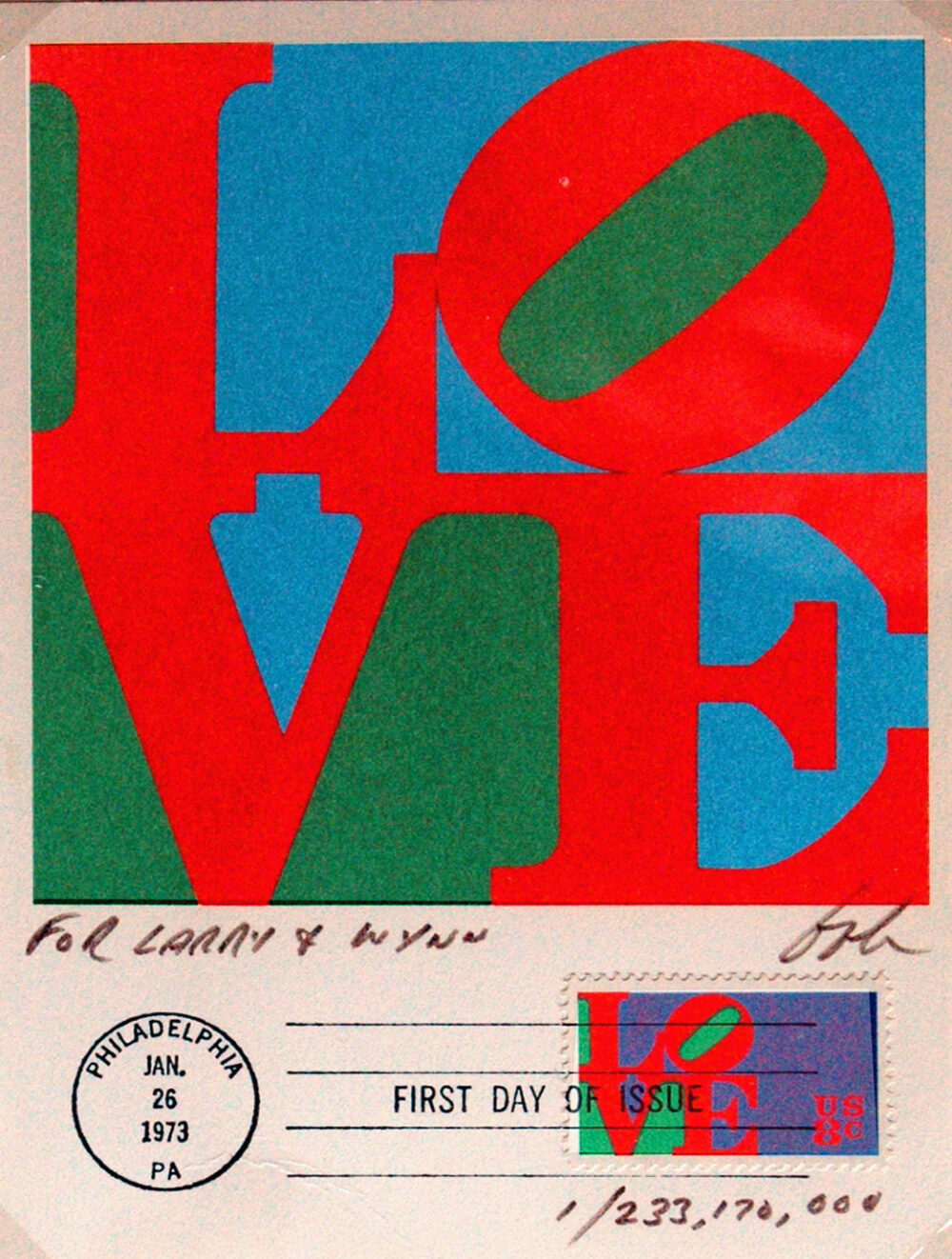 iconic love work by robert indiana in stamp form on a postcard with same love work