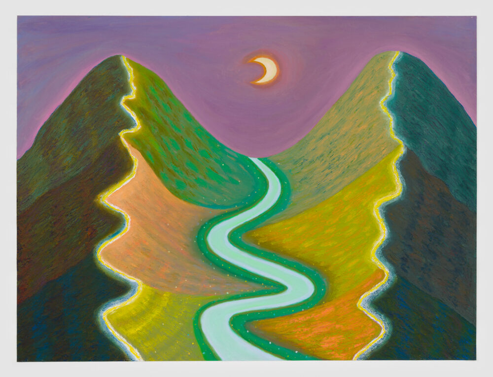 A river or road crossing between two mountains with the moon and night sky overhead.