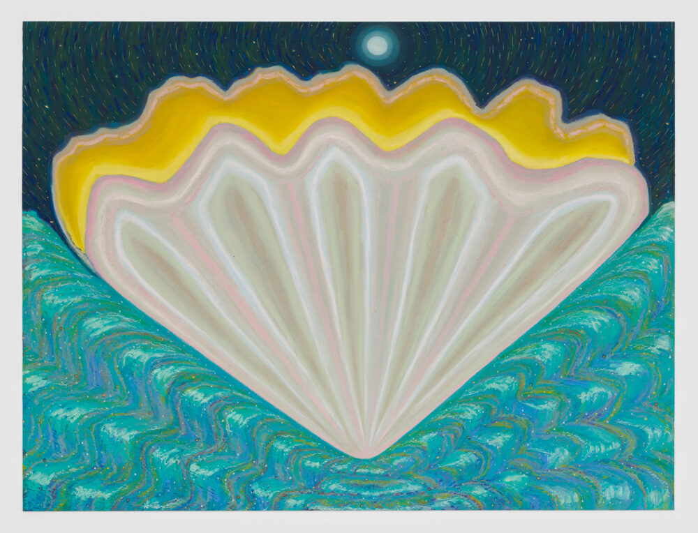 An abstract work on paper with a white glowing shell-like form emerging from the sea at night with a full moon overhead.
