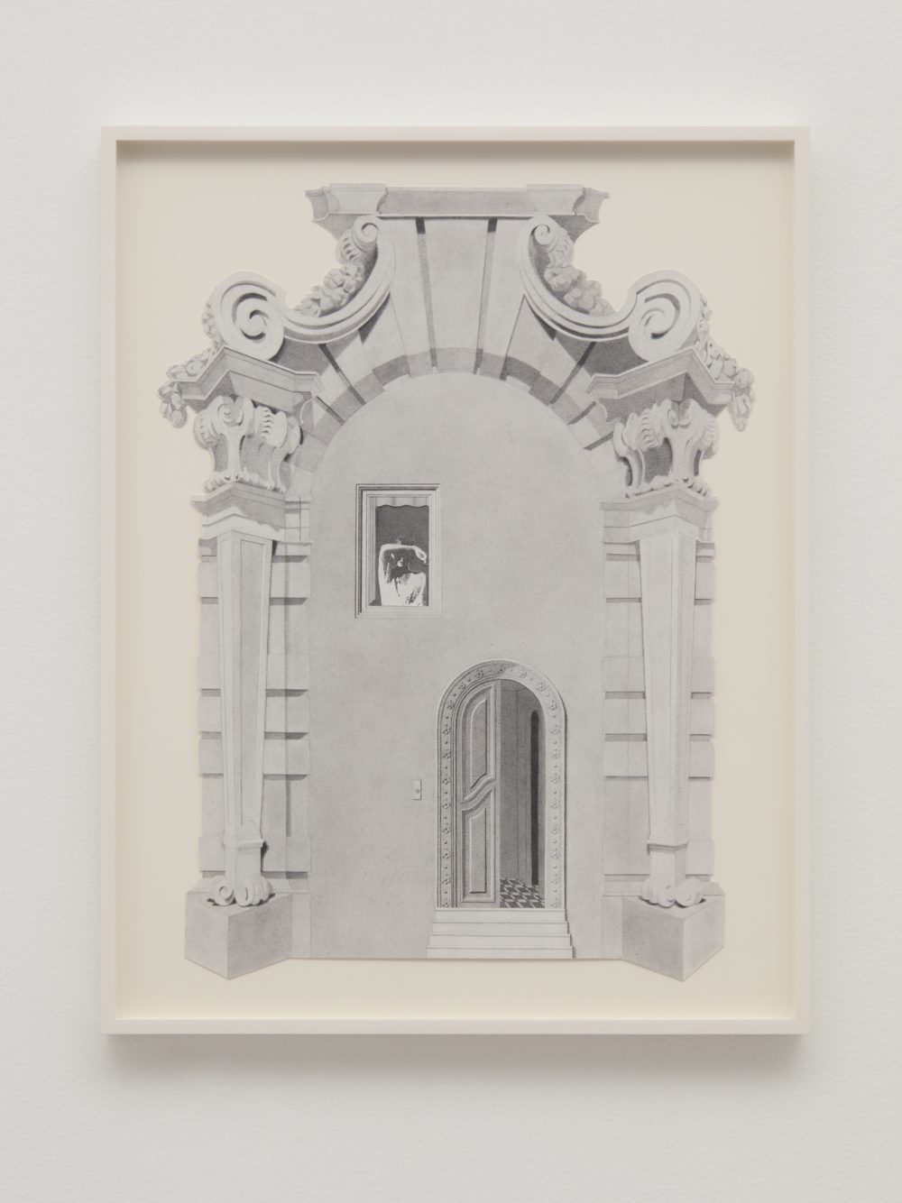 Graphite drawing of an architectural façade with a door and a window and ornate molding.