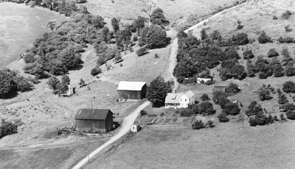 Black and white aerial photograph of a small farm