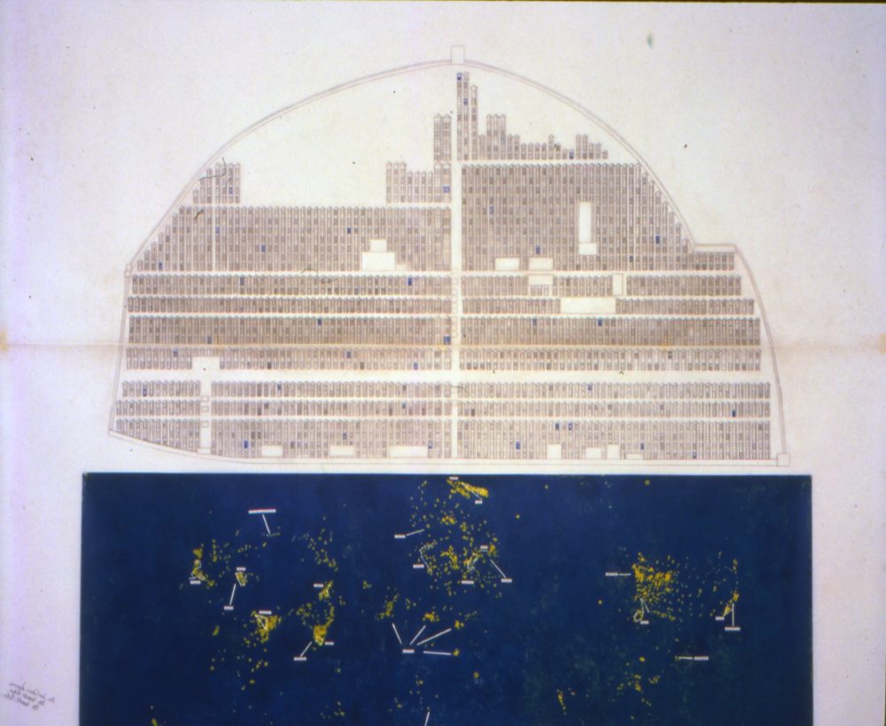 A work by Alices Aycock which features a architectural-esque drawing above a blue sky of constellations with many labels which allude to major cities