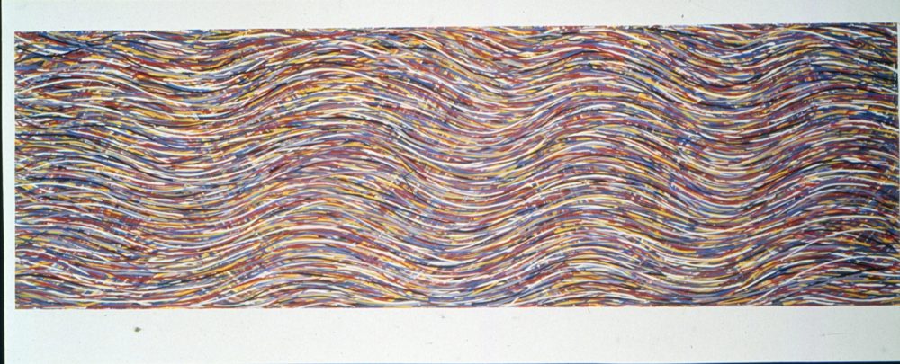 A piece by Sol LeWitt, wavy brushstrokes in a many various colors