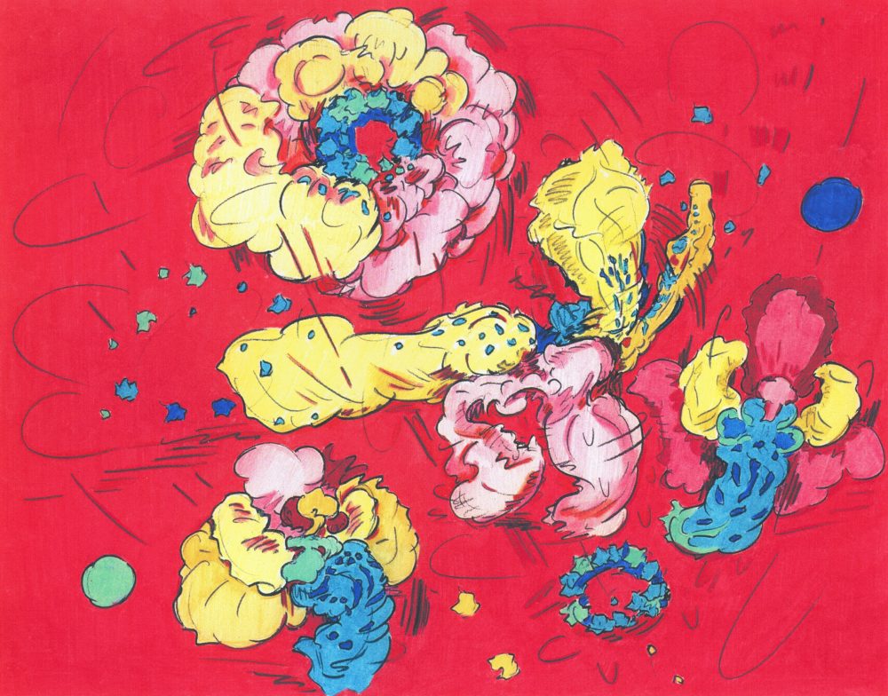 This work by Melissa Marks is a vibrant display of flower-like forms sketched haphazardly on a florescent pink background with yellow pedals and hints of blue
