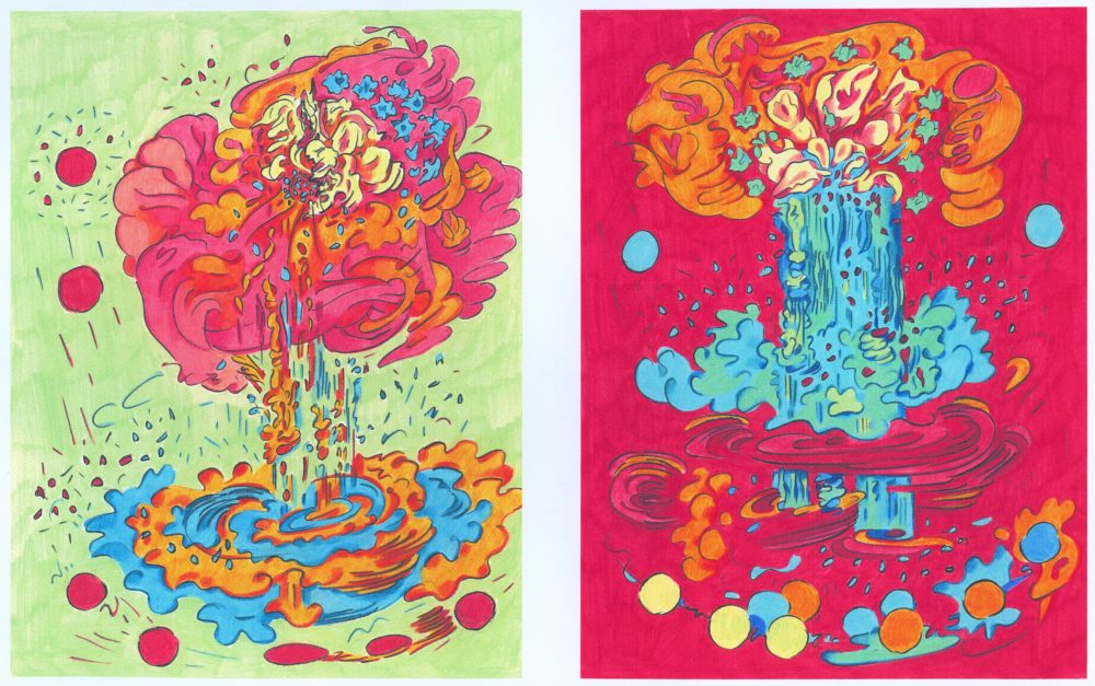 Two vibrant works by Melissa Marks, one is on a bright green background while the other is on a florescent pink canvas, and both have explosion-like forms