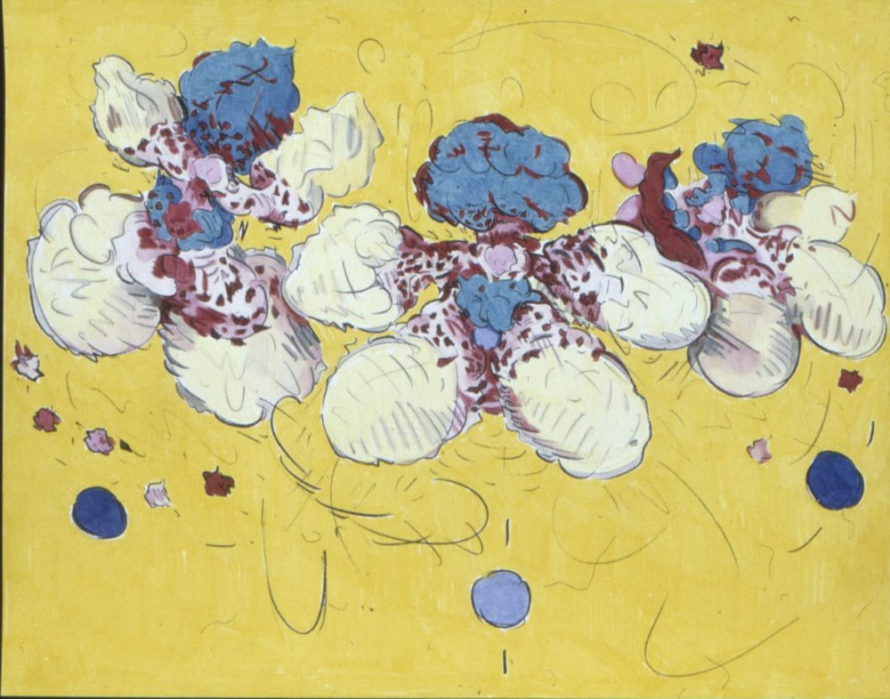 A piece of work by Melissa Marks that is bright yellow with flower-like forms that have red, blue, white and black hues
