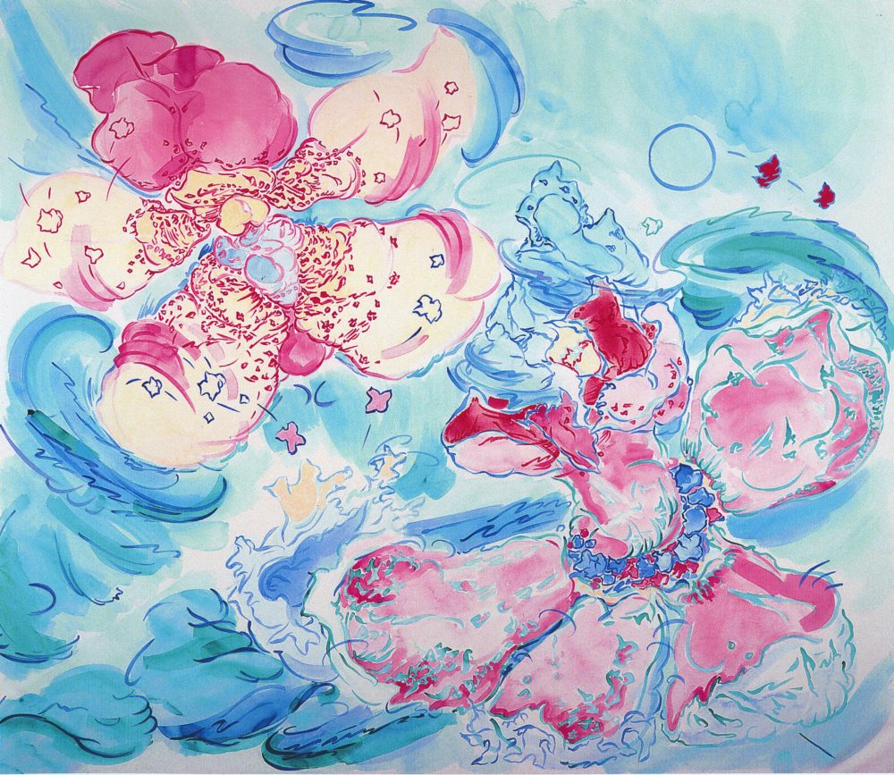 This work by Melissa Marks features flower-like forms on a bright blue background with pink and cream pedals, sketched in motion on the canvas