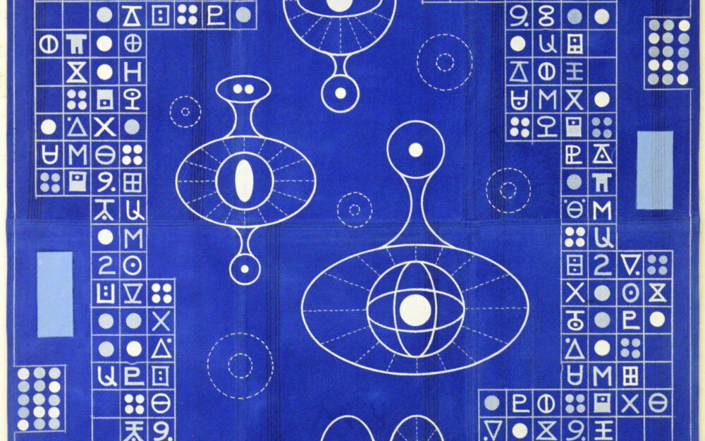 Abstract royal blueprinting with symbols in grids and floating orbs.
