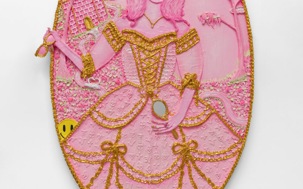 An oval shaped canvas with a monochromatic pink background with a woman in a fancy dress holding a mirror and sunglasses.