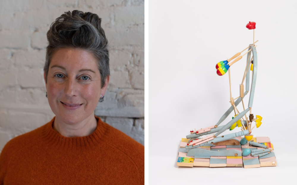 A headshot of a woman next to a photo of a rainbow-hued sculpture made of toys