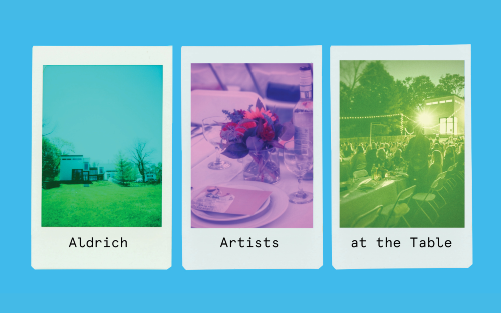 Three multicolor polaroids next to each other with the words "Aldrich Artists At The Table" in typed font