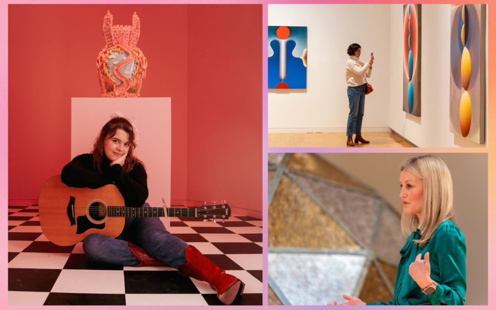 A three image grid of women in an art museum on a pink background
