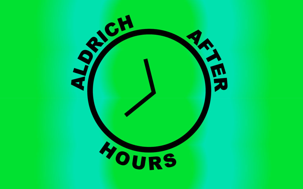 Aldrich After Hours stylized clock with blue/green background