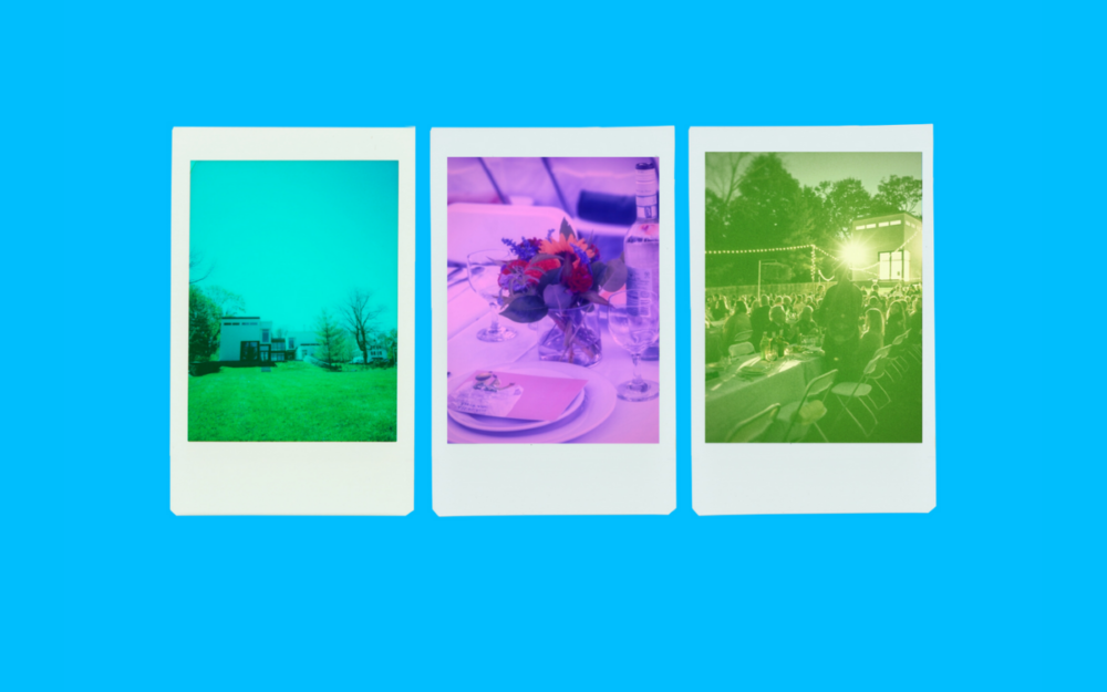 Three polaroids on a bright blue background with images of the Museum building, a table setting, and people at a previous farm to museum dinner.
