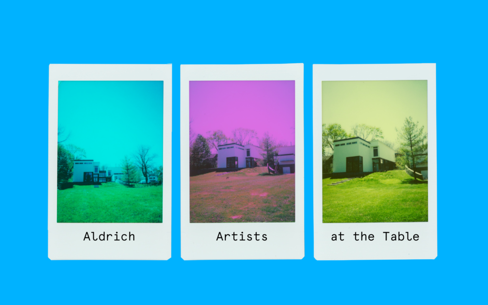 Three polaroids of the Museum building in different colors against a bright blue background.