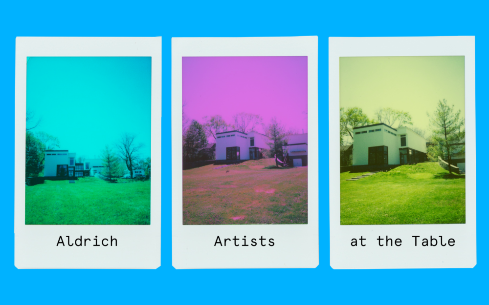 Three polaroids of the Museum building in different colors against a bright blue background.