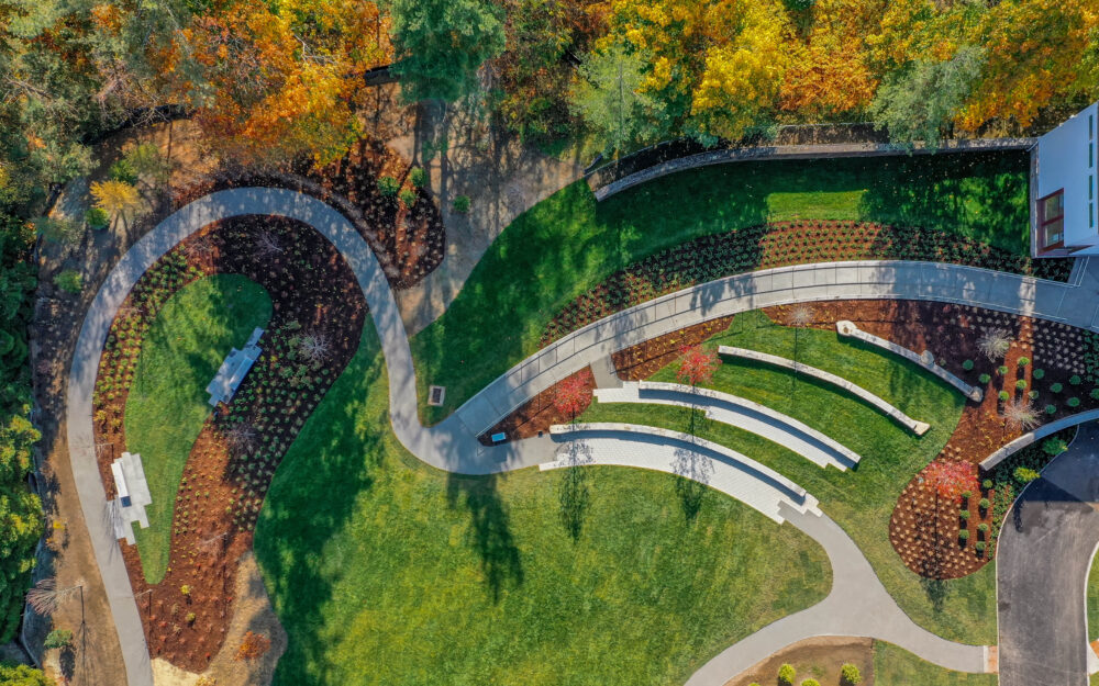 an aerial photo of an outdoor museum sculpture garden