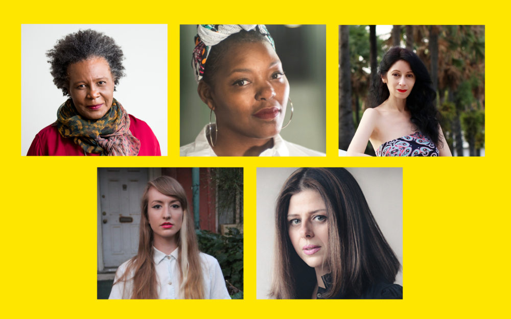 Five headshots of poets against a yellow background