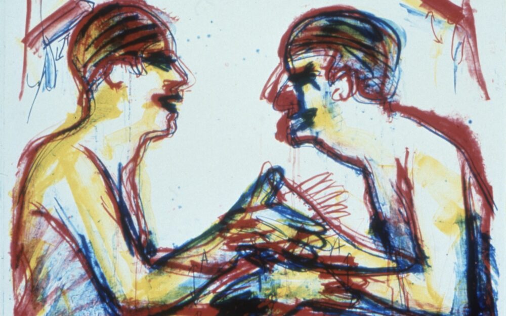 two people drawn in pastels in different colors facing each other and moving their hands