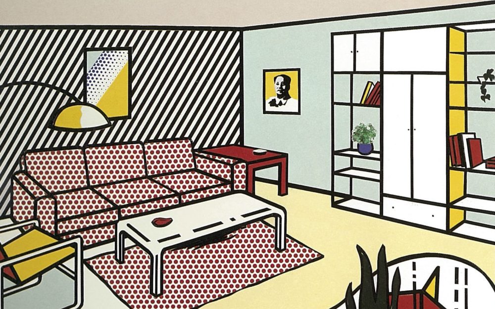 A cartoon living room with a couch, lamp, rug, bookshelf, chair, coffee table