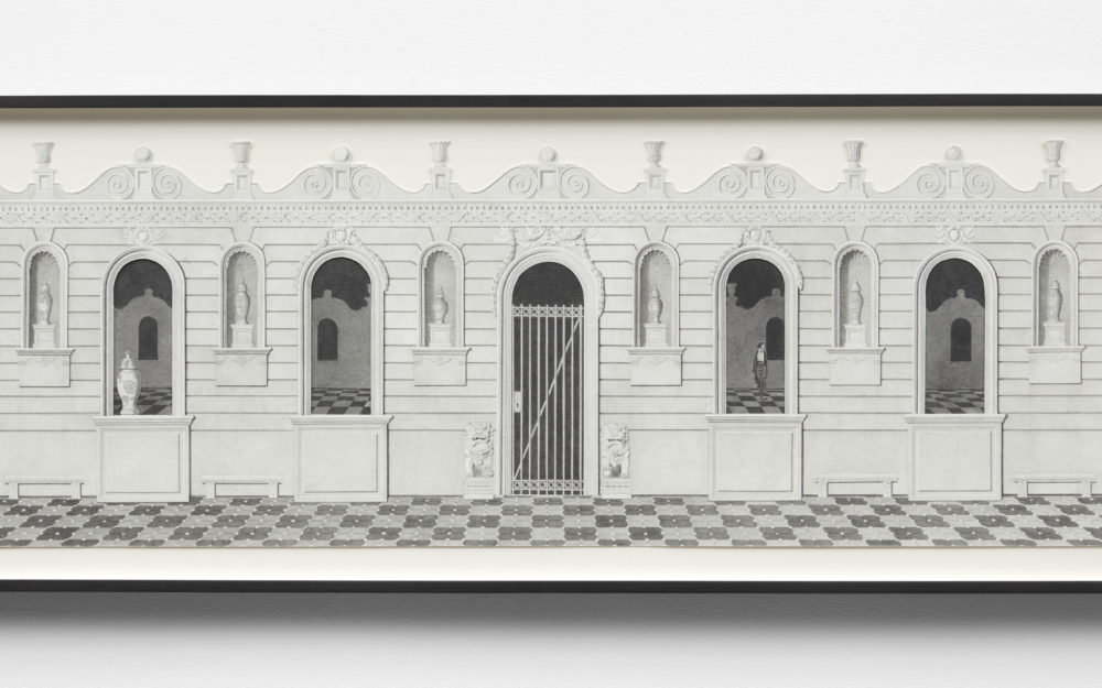 Greyscale drawing of a loggia with a checkered floor.