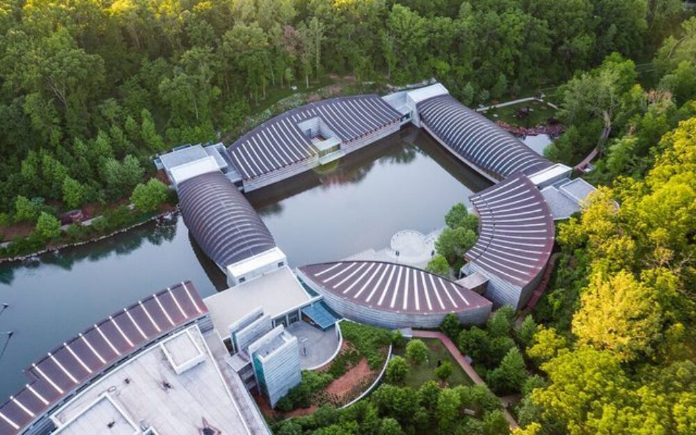 Aerial view of contemporary museum building