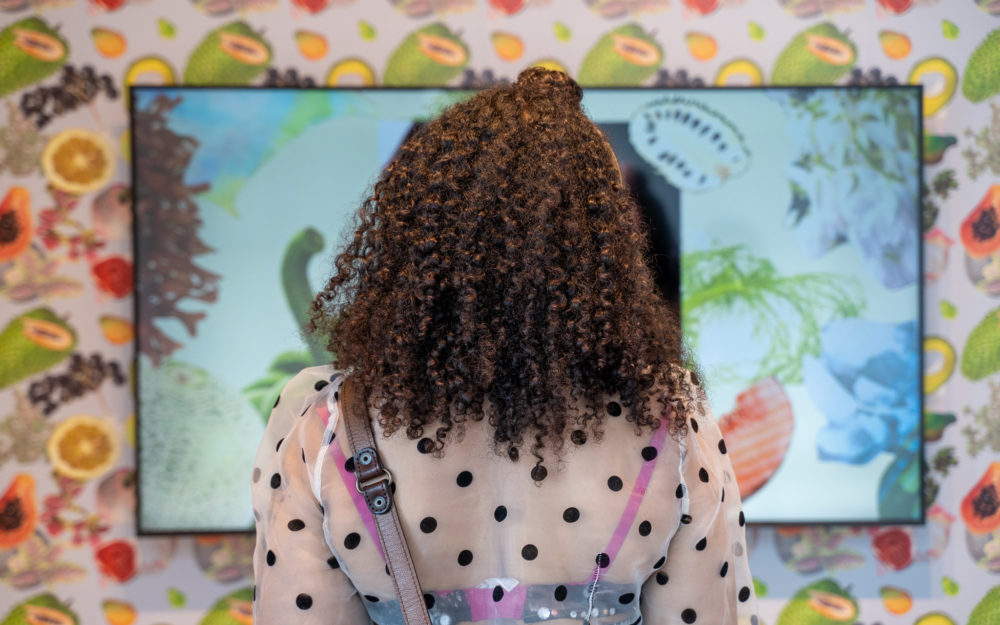 The back of a visitor's head in front of a work by Ilana Harris-Babou with colorful fruit