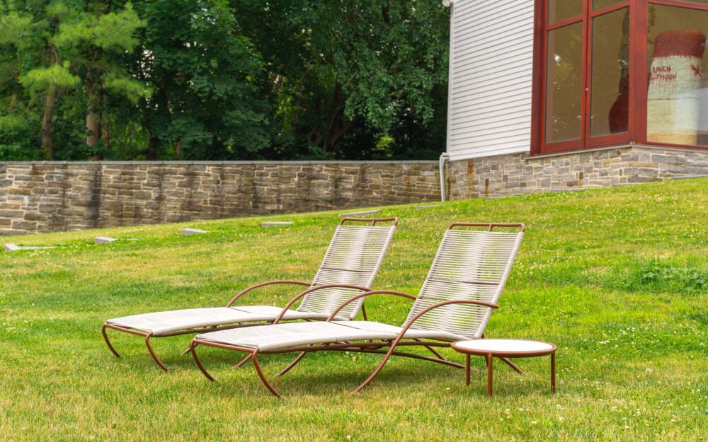 Two outdoor chaise lounge chairs in the grass