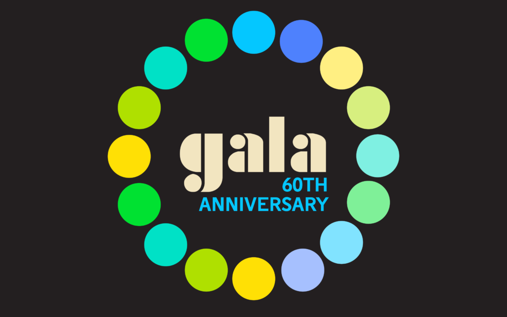 Gala 60th Anniversary on a black background surrounded in a circle of colored dots