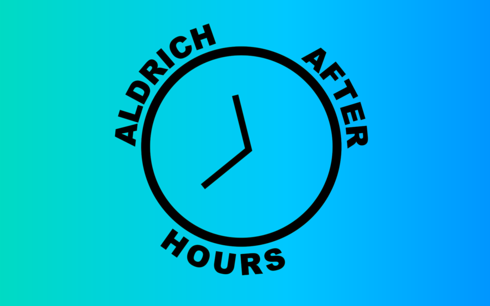 Aldrich After Hours stylized clock with blue gradient background