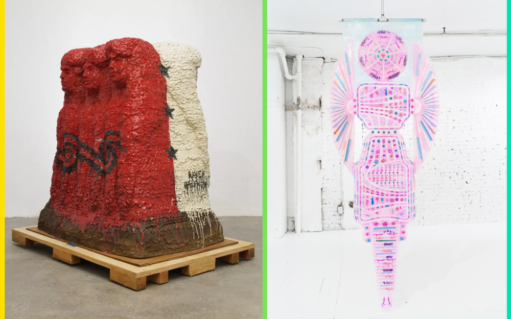 A Large red and white ceramic sculpture of three interconnected women and A pink banner made of platinum silicone, pigment, flowers, and miscellaneous objects.