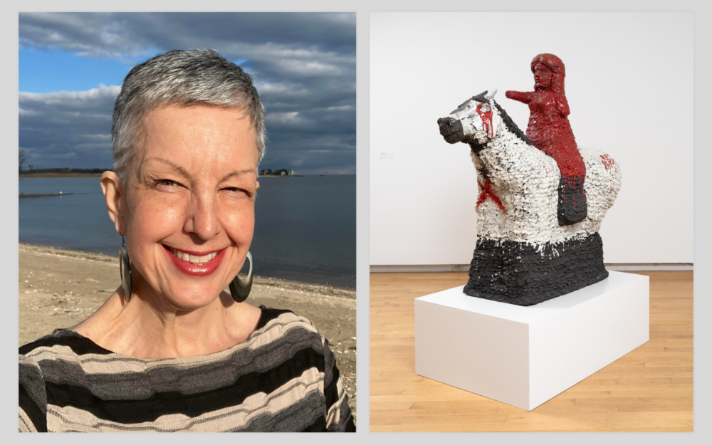 Headshot of  J. Kehaulani next to a photo of a ceramic horse and rider statue by artist Raven Halfmoon